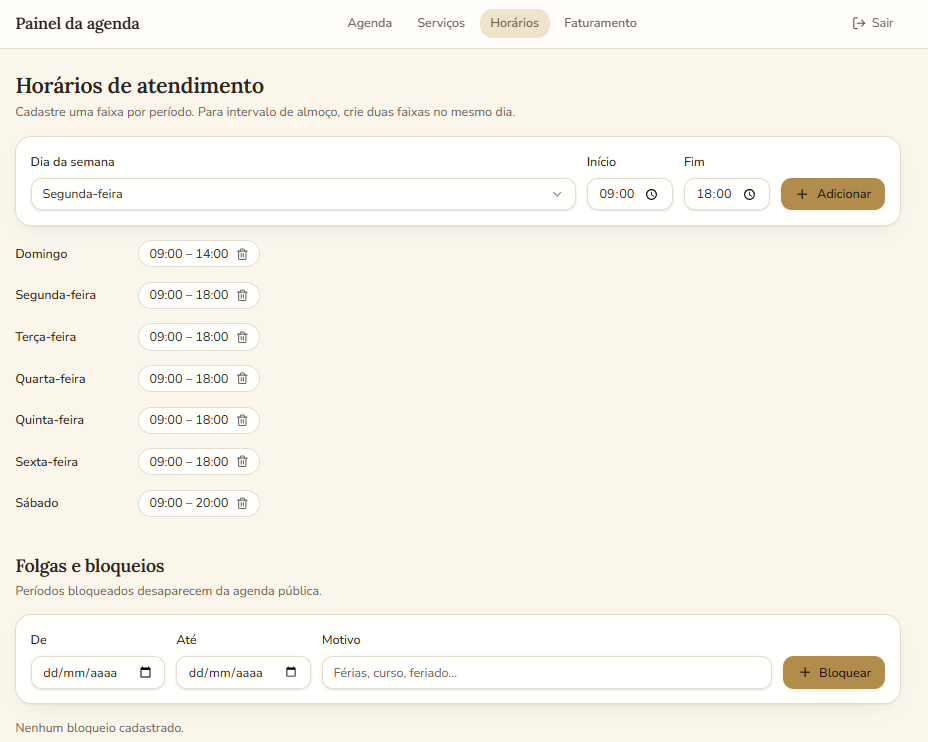 Tela de horários do sistema de agendamento online