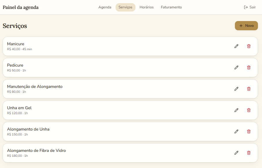 Tela de serviços do sistema de agendamento online